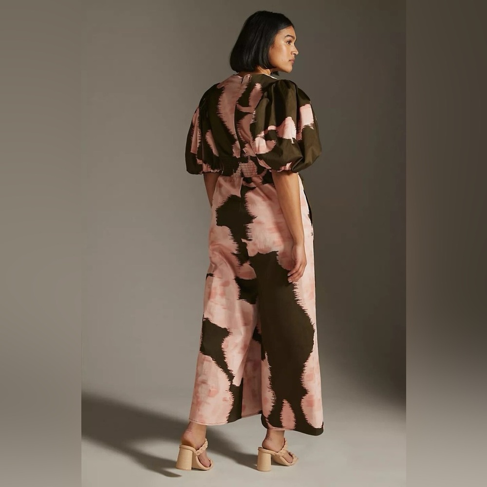 Anthropologie Hutch Green Pink Wide Leg Jumpsuit Size 1X Plunging V-Neck - Picture 2 of 15